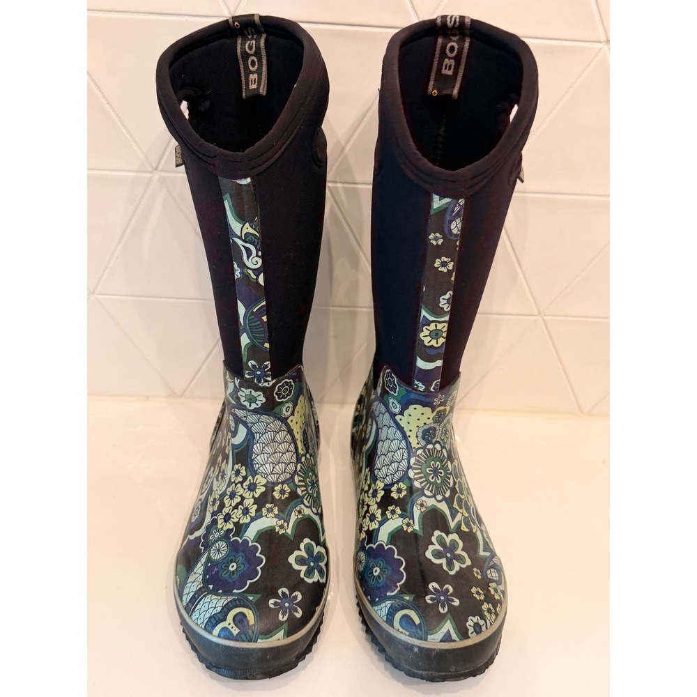 Bogs Classic High Paisley Waterproof Rain Boots Womens 8 Blue Floral 52236